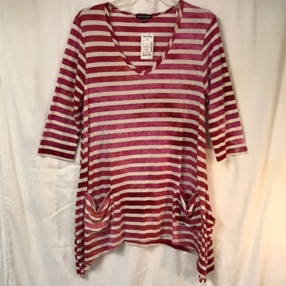 Chacha Vente NWT Women’s Top Long Tee Red white Tie dye Bleached look Size M
